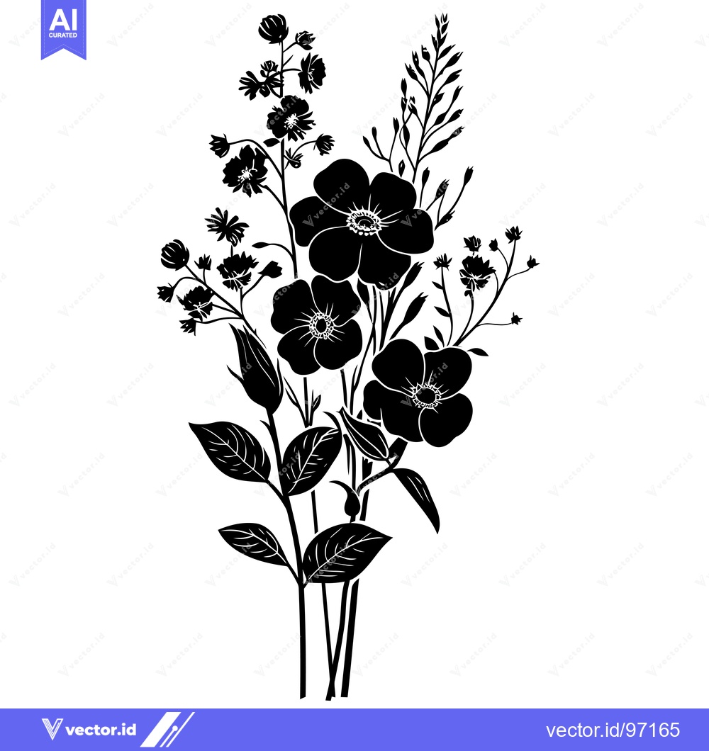 Premium Vector dari Silhouette of a Bouquet of Flowers with Leaves and Buds
