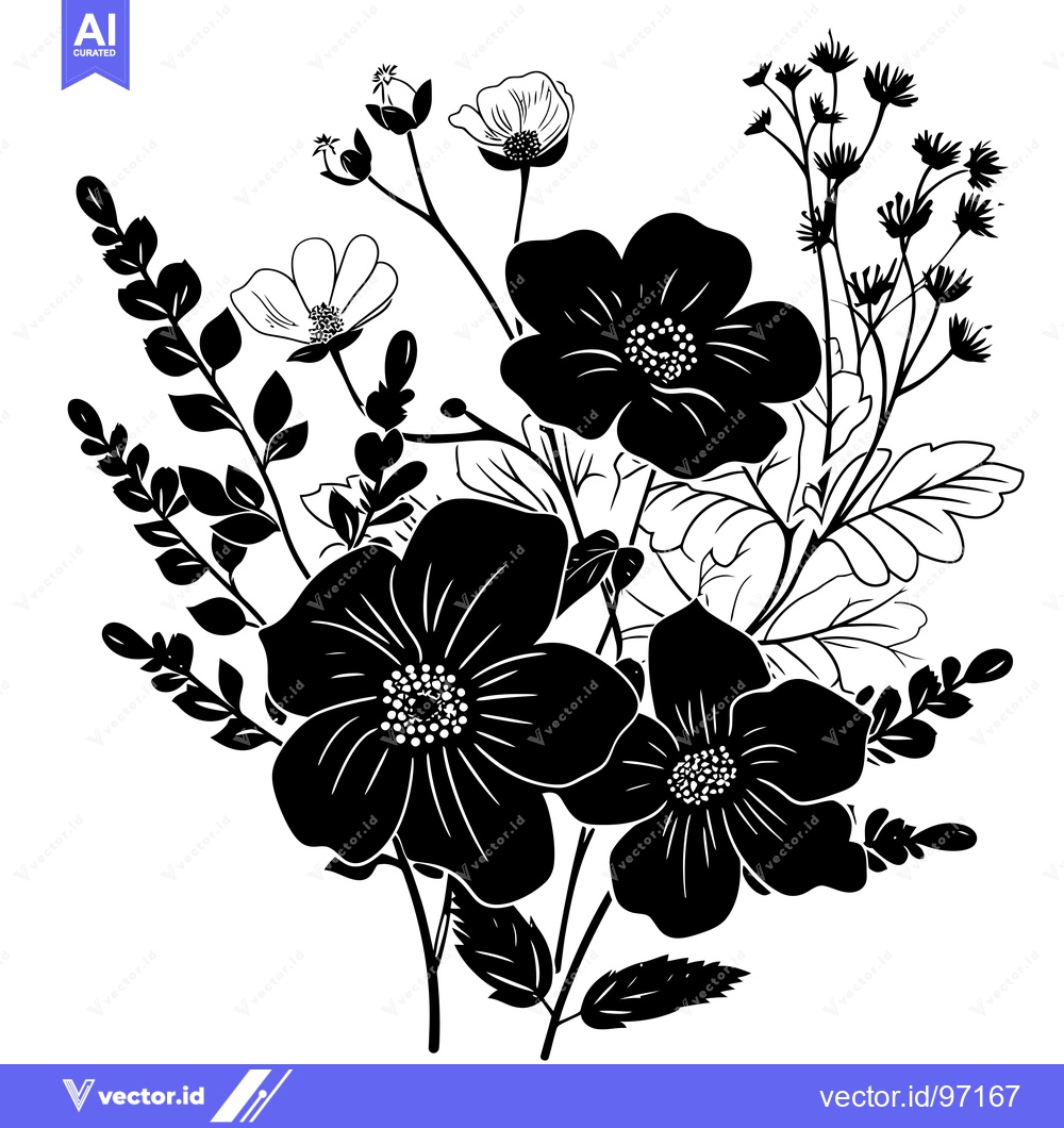 Premium Vector of A Black and White Silhouette of a Bouquet of Flowers