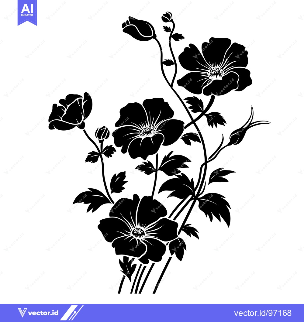 Premium Vector of Black and White Silhouette of a Flower Bouquet with Four Blooms and St