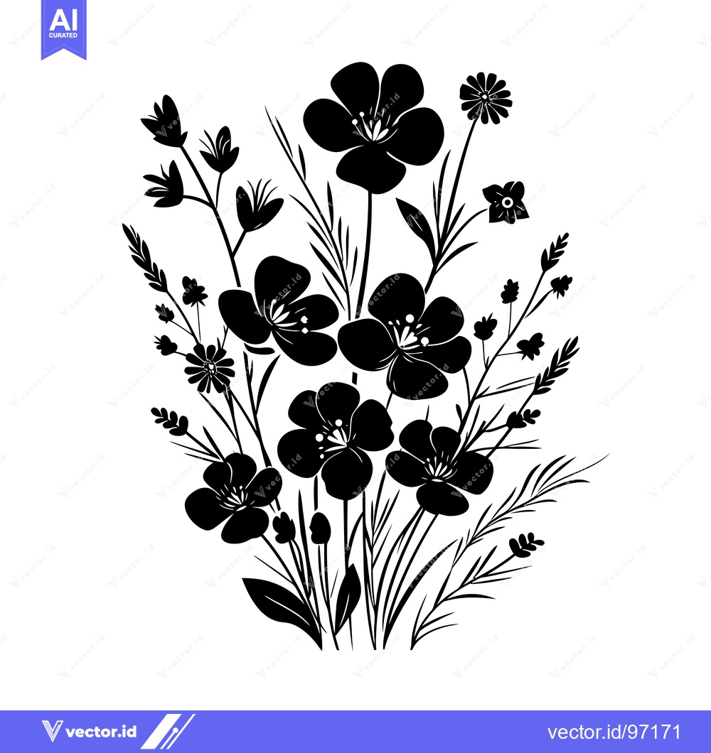 Premium Vector of Black and White Silhouette of Flowers and Grasses