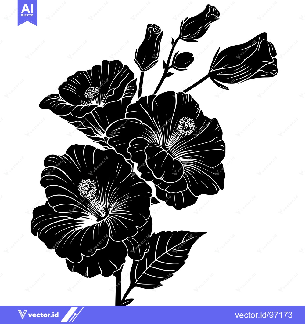 Premium Vector of Black and White Silhouette of Hibiscus Flowers and Buds