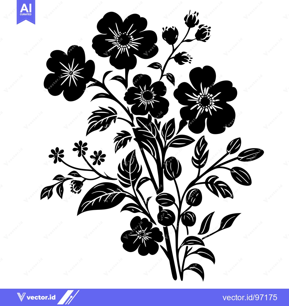Premium Vector dari Black and White Silhouette of a Bouquet of Flowers and Leaves
