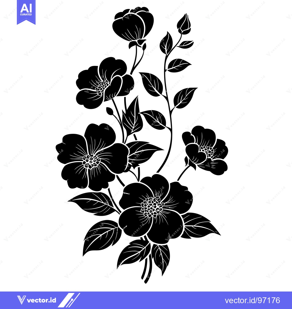Premium Vector of Black and White Silhouette of a Flower Bouquet with Buds and Leaves