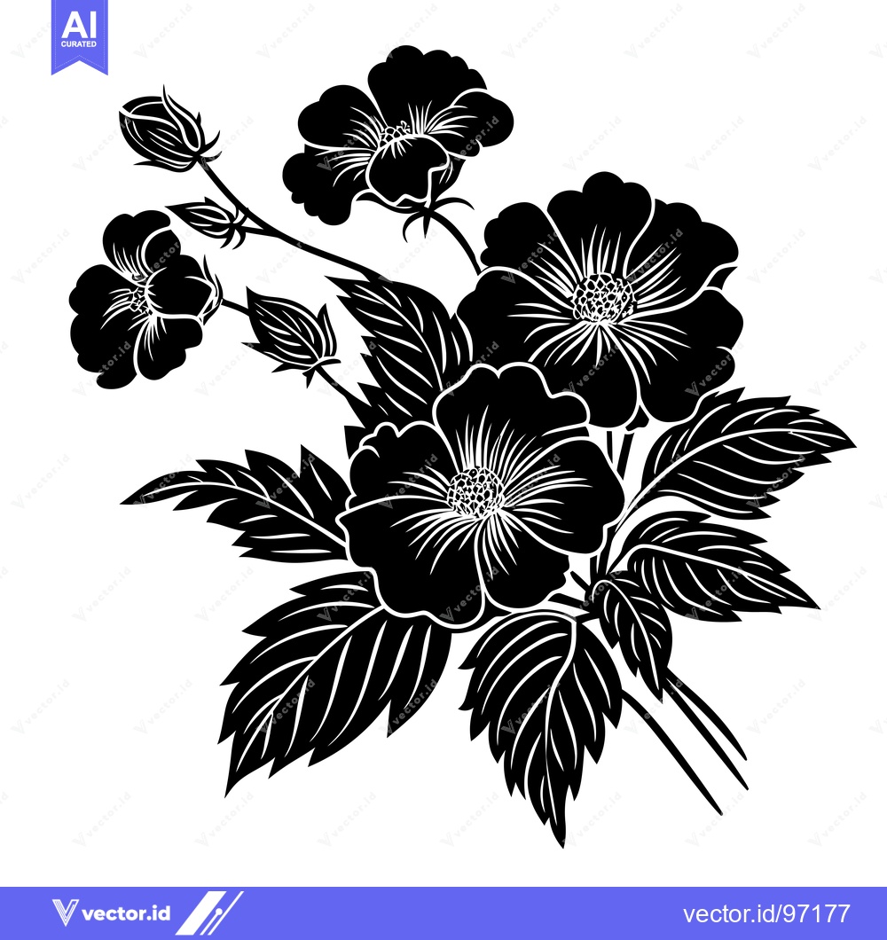 Premium Vector dari Black and White Silhouette of a Rose Bush with Buds and Flowers