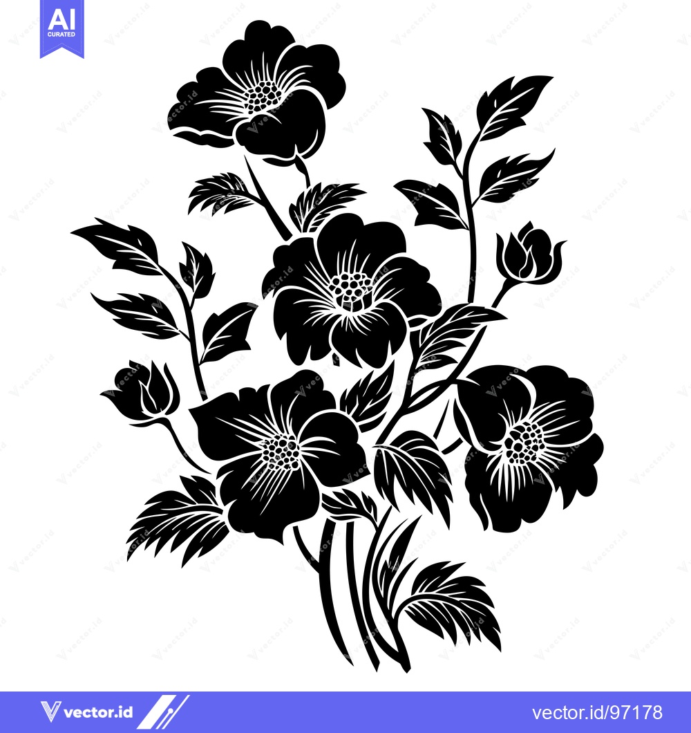 Premium Vector dari Black and White Silhouette of Blooming Flowers and Leaves