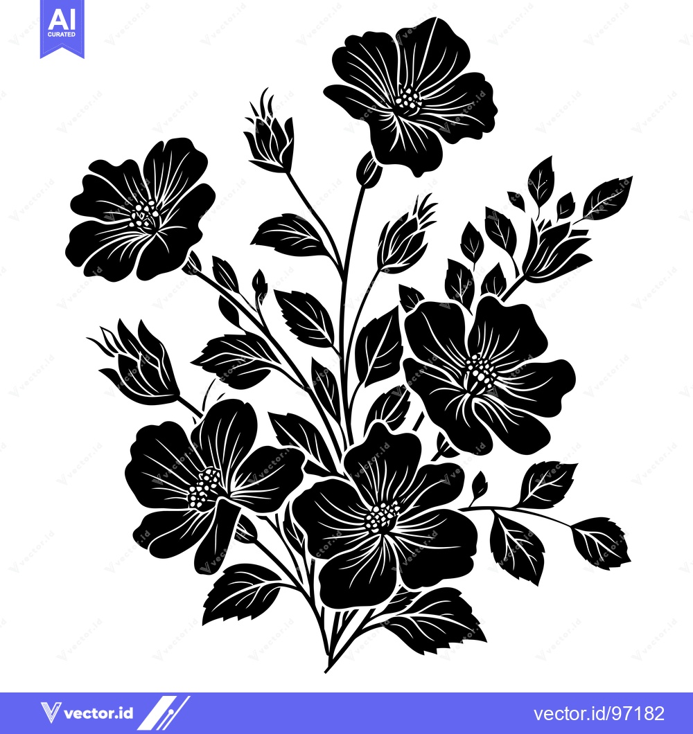 Premium Vector dari Black and White Silhouette of Blooming Flowers and Buds