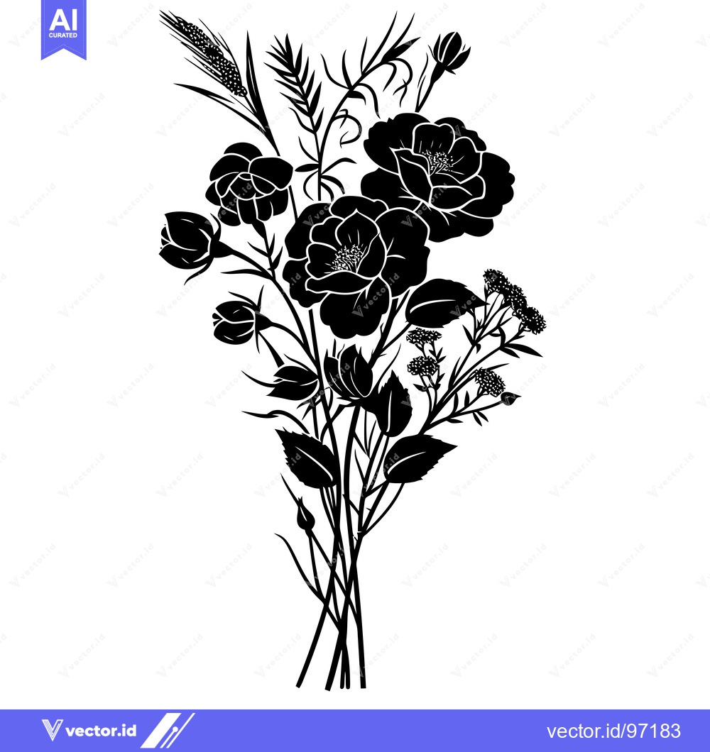 Premium Vector of Black and White Silhouette of a Bouquet of Flowers and Wheat