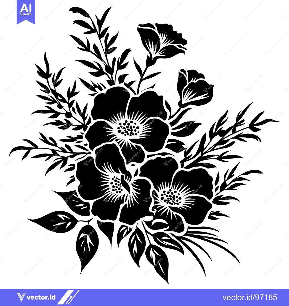 Premium Vector dari Black and White Silhouette of Flowers and Leaves