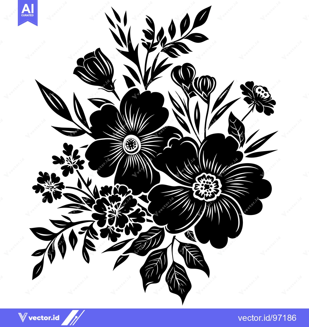 Premium Vector dari Black and White Silhouette of a Floral Bouquet