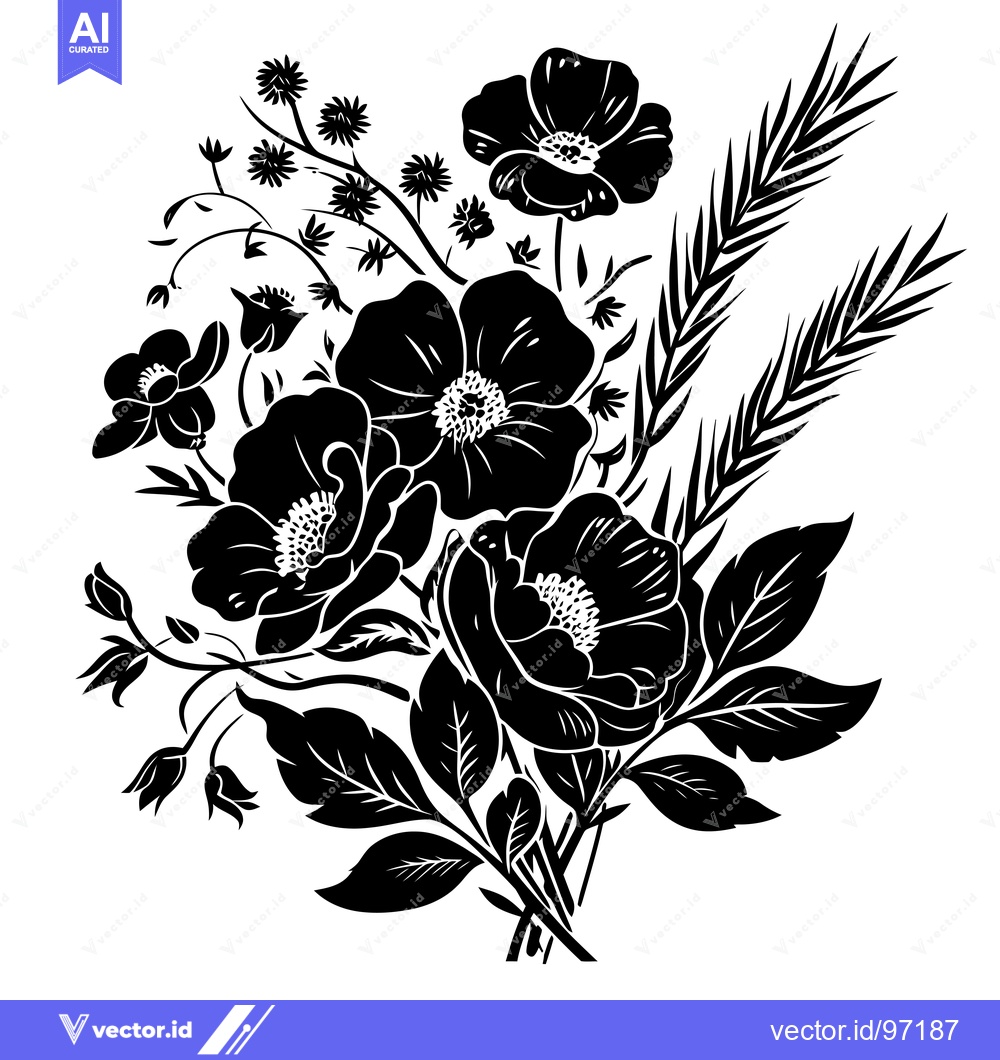 Premium Vector dari Black and White Floral Bouquet with Poppies and Wheat