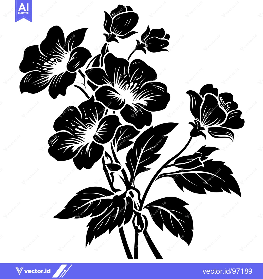 Premium Vector dari Black and White Silhouette of a Blooming Flower Branch