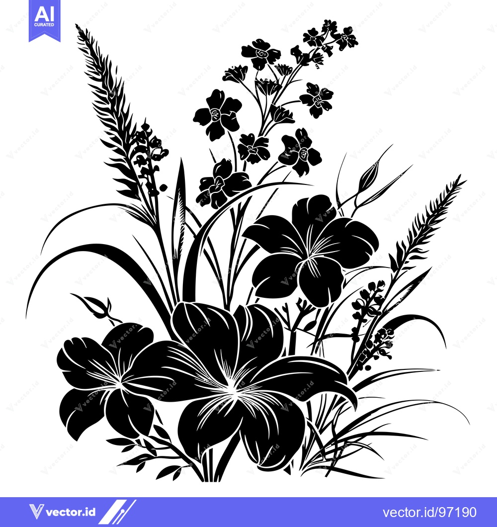 Premium Vector dari Black and White Silhouette of Flowers and Grass