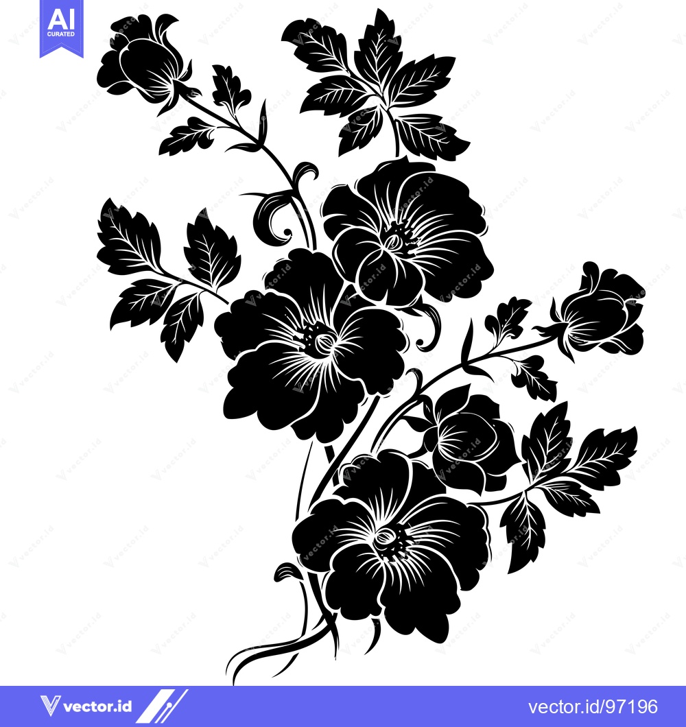 Premium Vector of Black and White Silhouette of a Flower Bouquet with Roses and Foliage