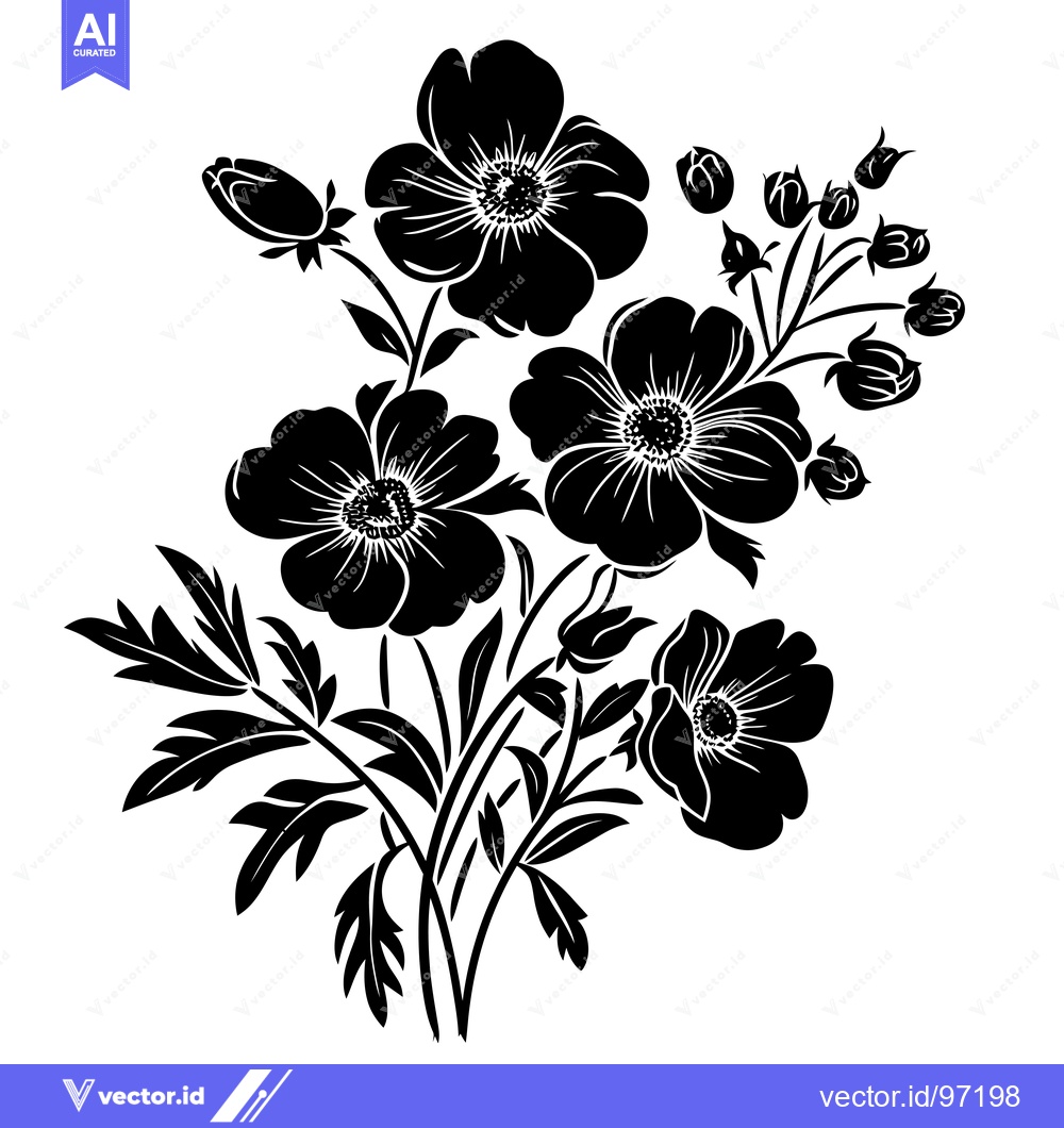 Premium Vector dari Black and White Silhouette of a Flower Bouquet with Buds and Stems