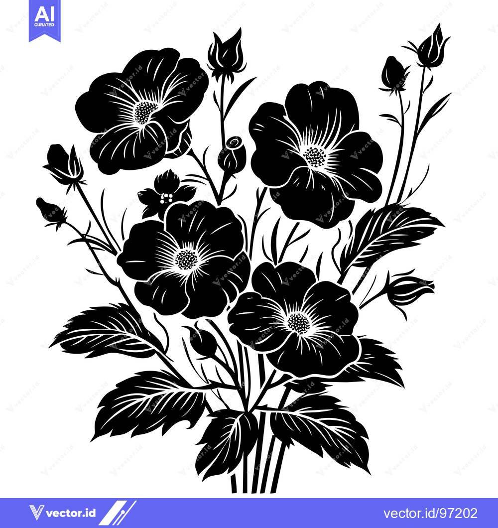 Premium Vector of A Silhouette of Five Black Roses in Full Bloom with Buds and Leaves