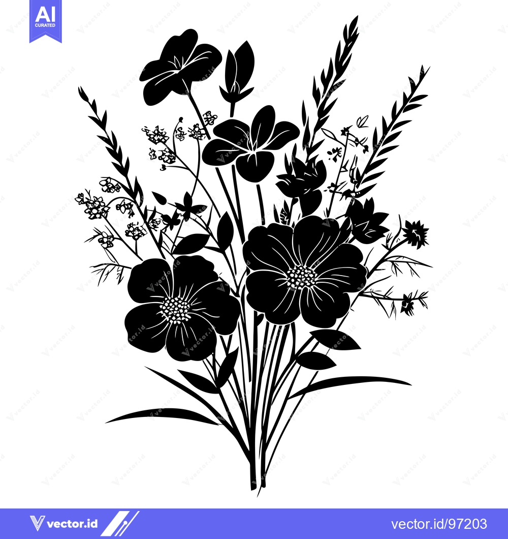 Premium Vector dari Black and White Silhouette of a Bouquet of Flowers and Grass