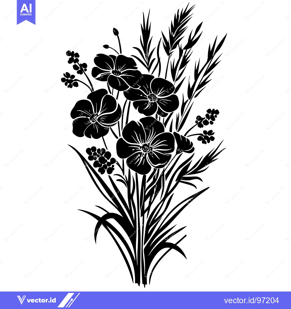 Premium Vector of A Black and White Silhouette of a Flower Bouquet with Grass