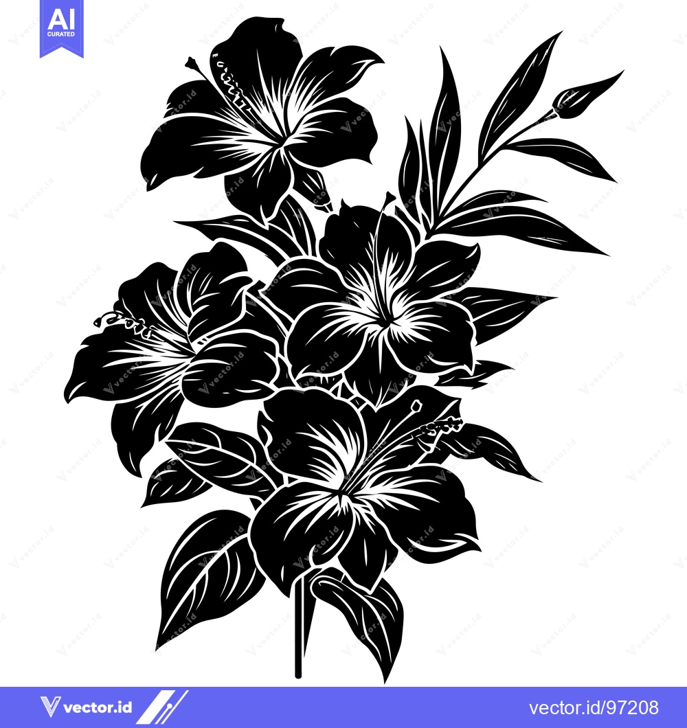 Premium Vector dari Black and White Silhouette of Hibiscus Flowers and Leaves