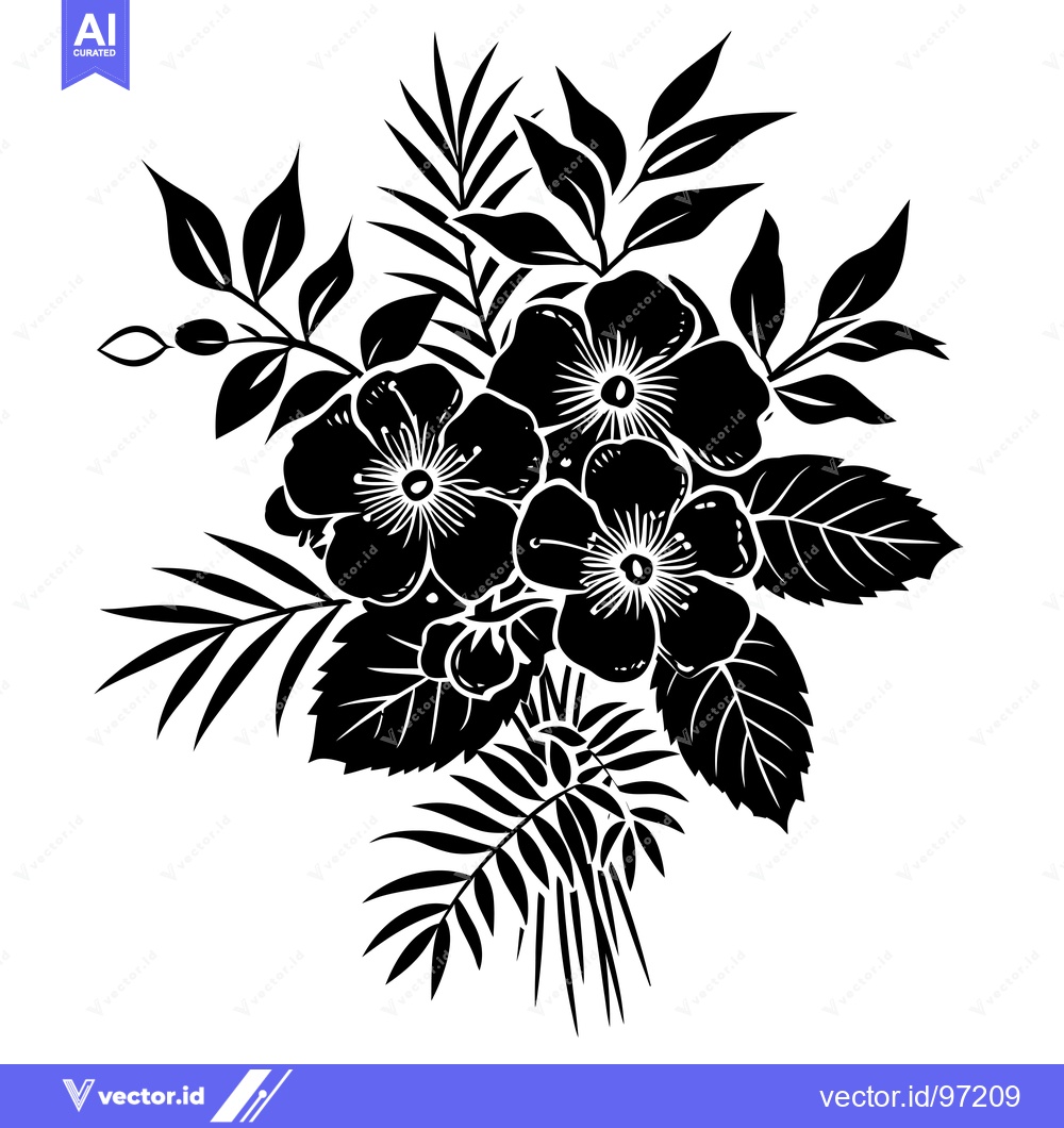 Premium Vector of Black and White Silhouette of Flowers and Leaves