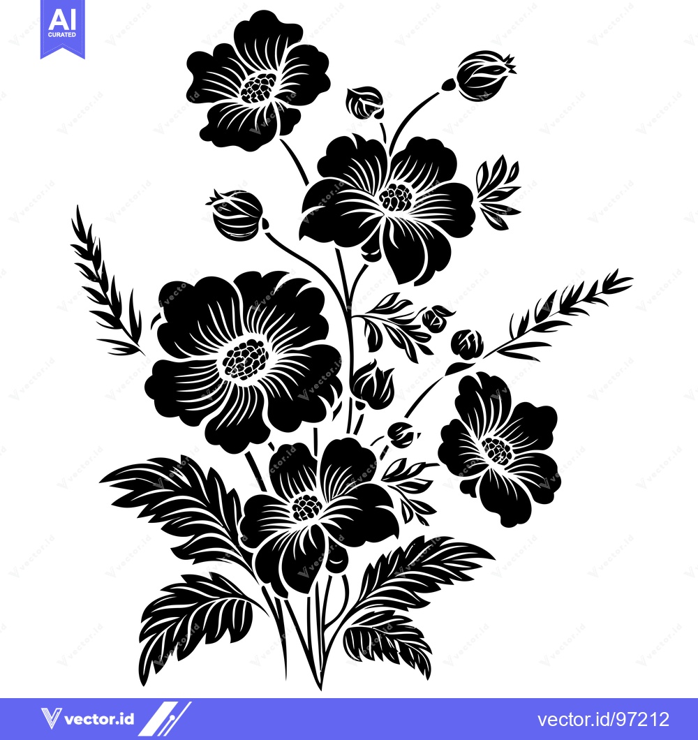 Premium Vector dari Black and White Silhouette of a Floral Bouquet with Six Flowers and Fo