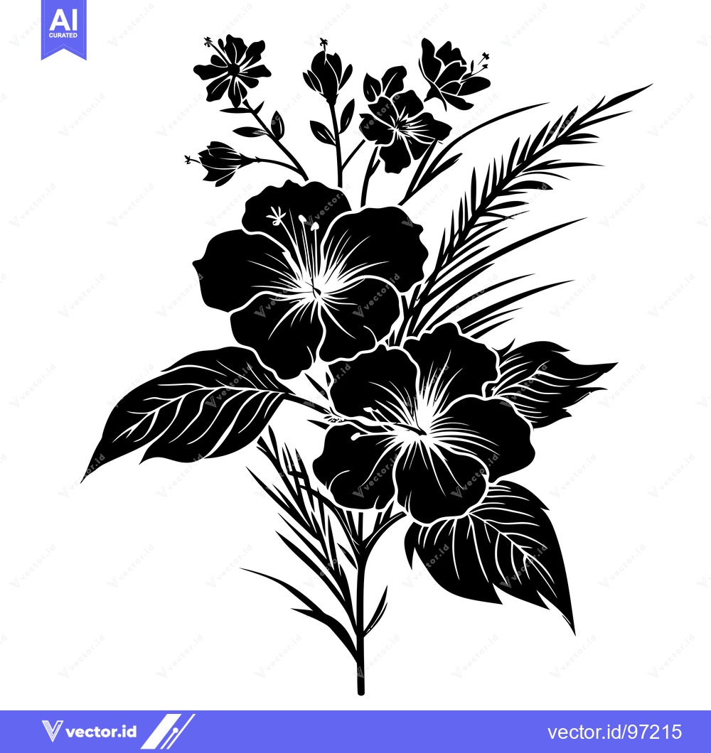 Premium Vector of Black and White Silhouetted Bouquet of Hibiscus Flowers and Foliage