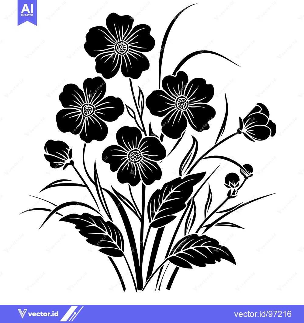 Premium Vector dari Black and White Floral Silhouette with Five Flowers
