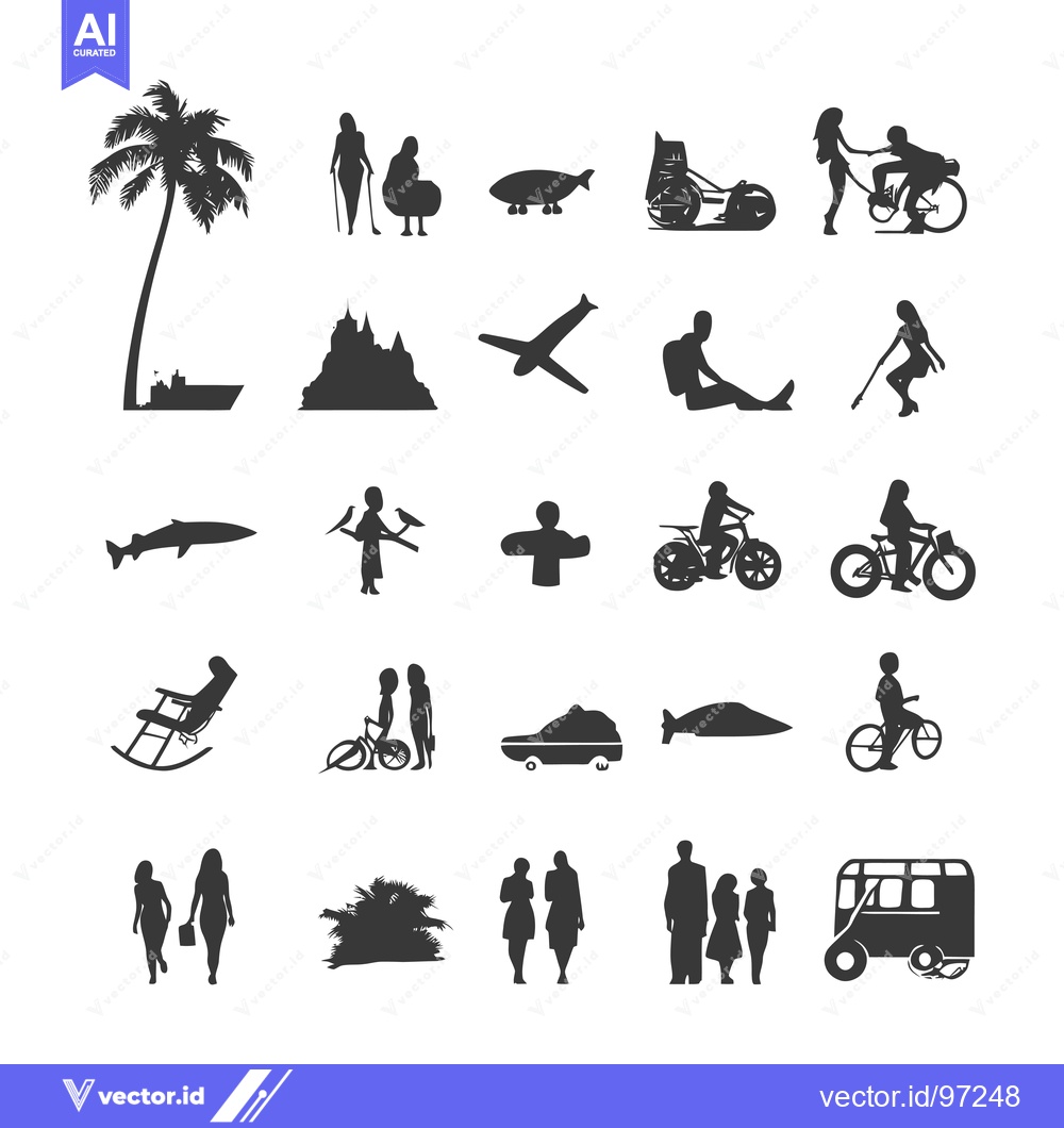 Premium Vector of Silhouette Icons of Transportation, People, and Nature