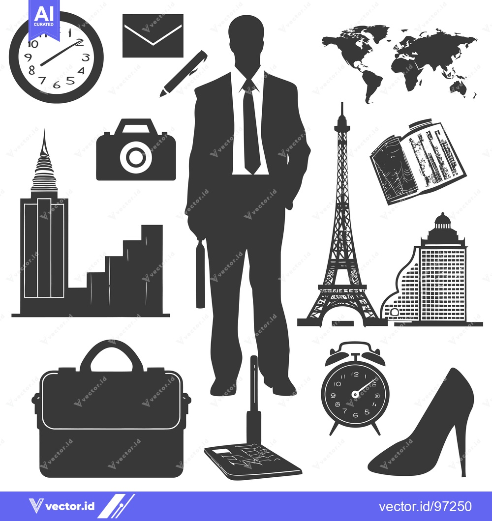 Premium Vector of Silhouette Icons Representing Business, Travel, and Time
