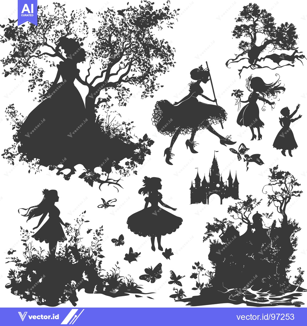 Premium Vector dari Silhouette Illustration of a Fairytale World with Princesses and a Cas