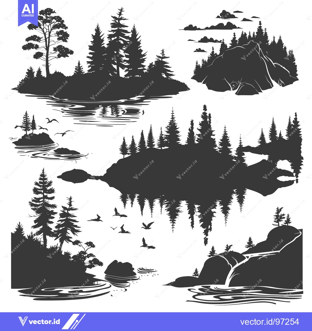 Premium Vector dari Silhouette Illustration of a Forest, Lake, and Mountains