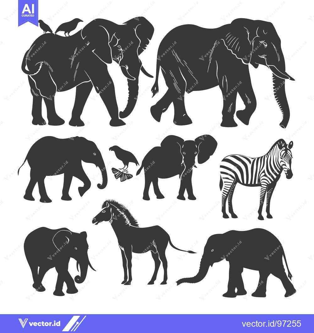 Premium Vector of Silhouette Illustration of African Wildlife with Elephants, Zebras, an