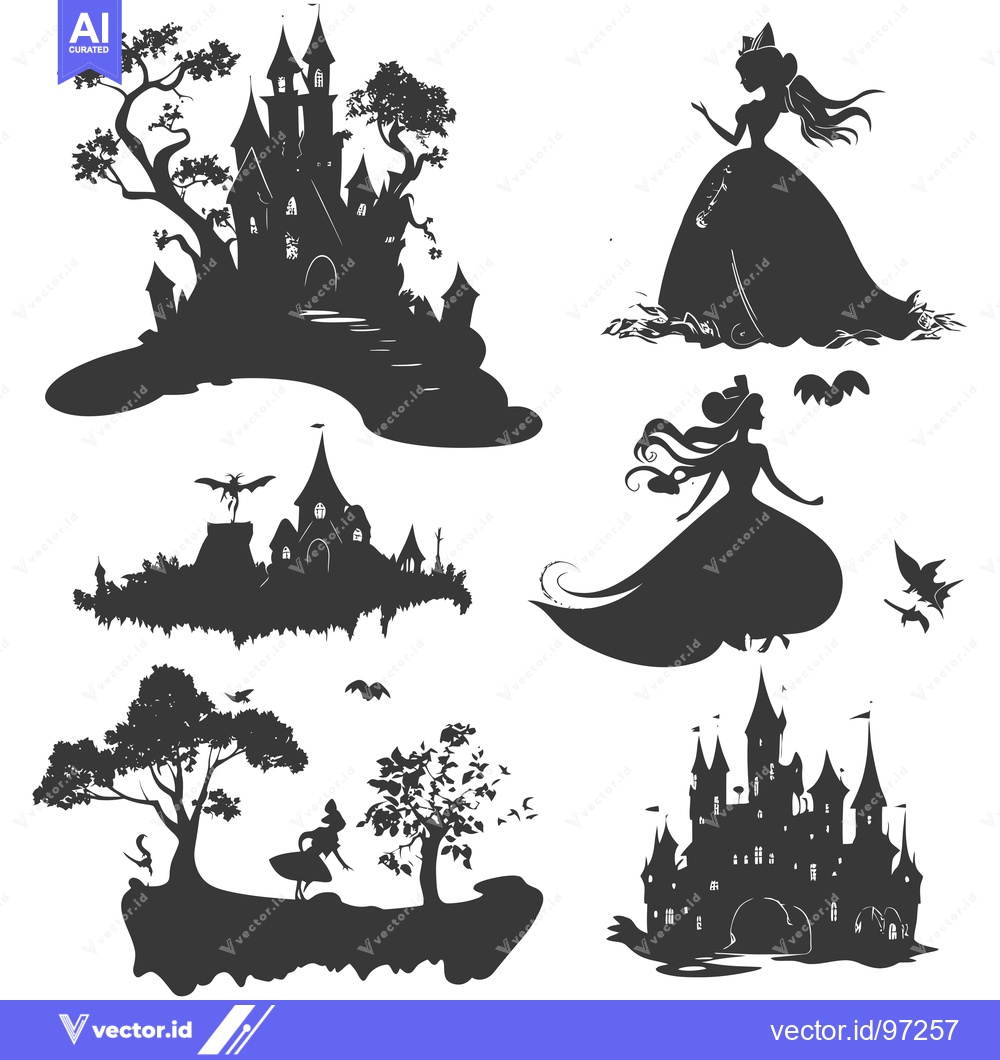 Premium Vector dari Silhouette Illustration of a Princess, a Castle, and a Tree