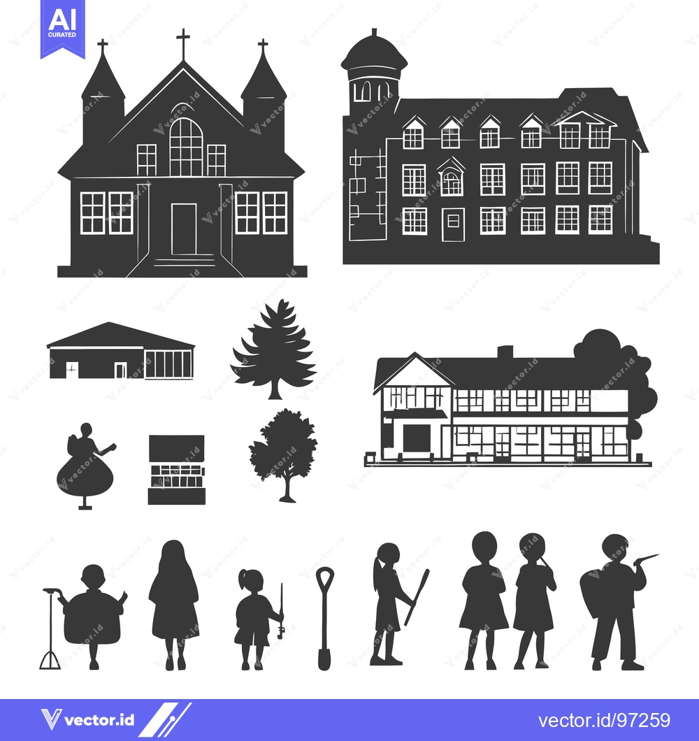 Premium Vector dari Silhouette Illustration of Buildings, Trees, and People