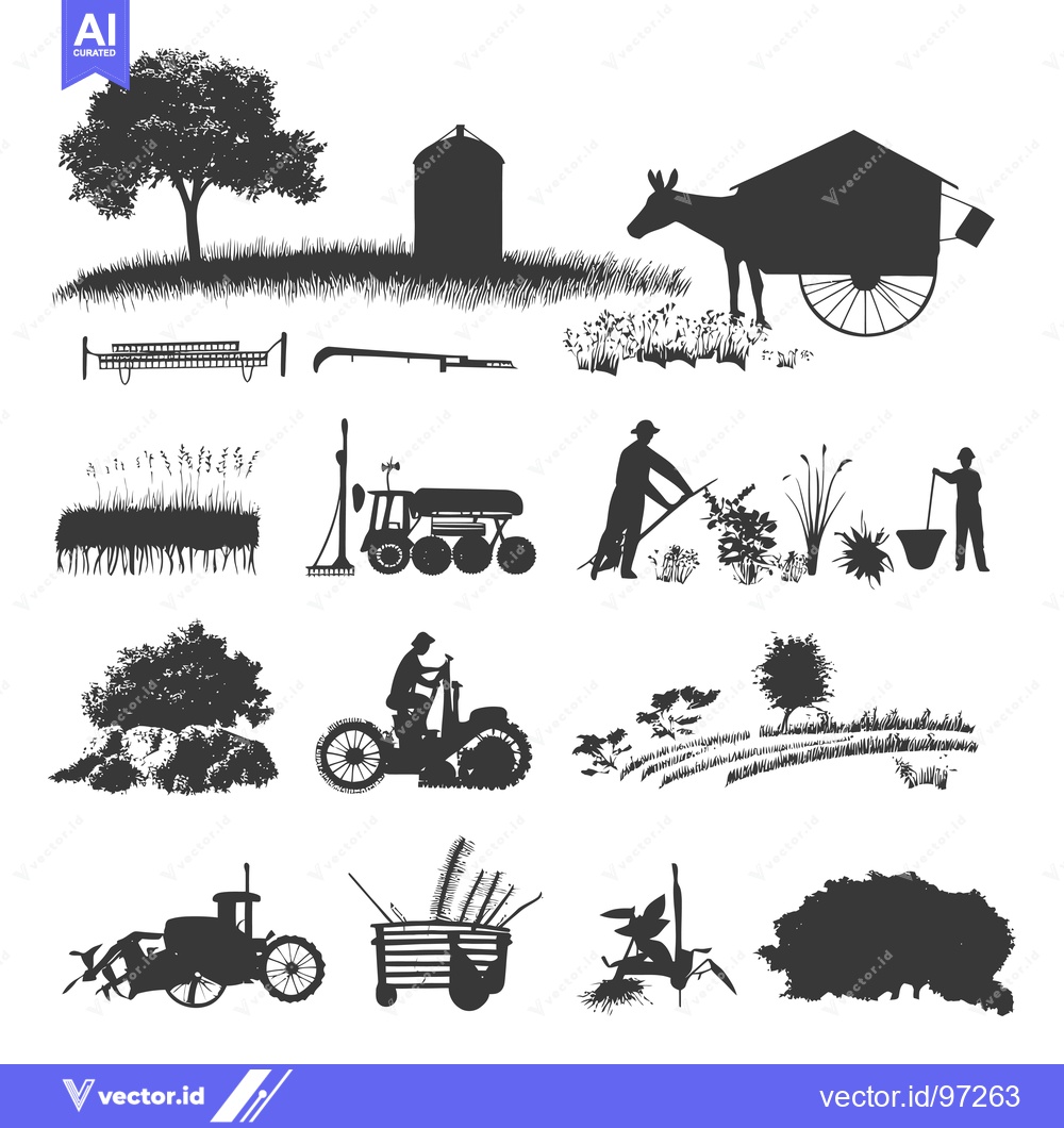 Premium Vector of Silhouette Illustration of Farm Scenes with Animals, People, and Equip