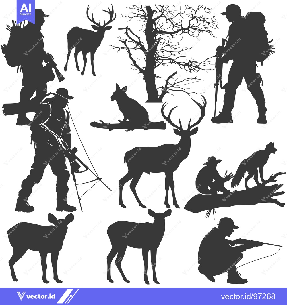Premium Vector of Silhouette Illustration of Hunters, Deer, and Other Wildlife