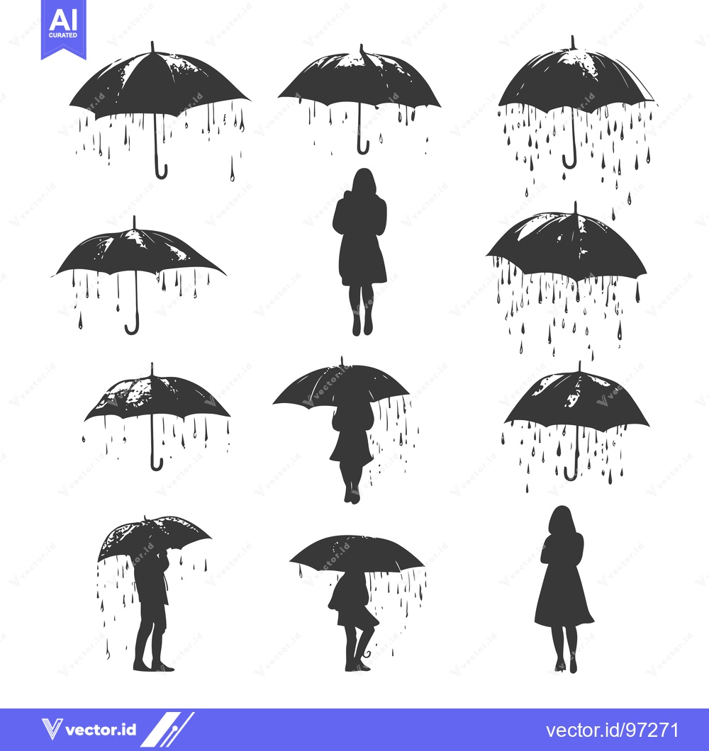Premium Vector of Silhouette Illustration of People Under Umbrellas in the Rain