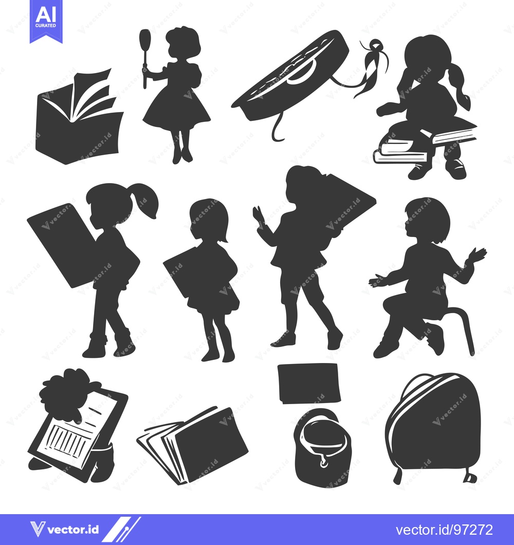 Premium Vector dari Silhouette Illustration of School Children and School Supplies