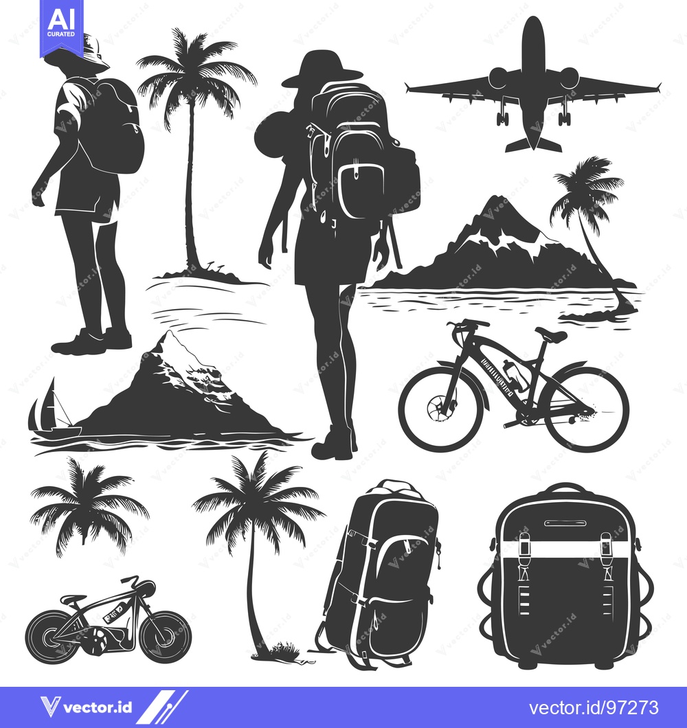 Premium Vector dari Silhouette Illustration of Travel Essentials and Tropical Scenery