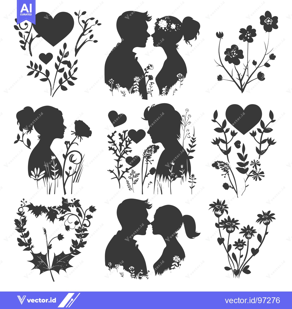 Premium Vector dari Silhouette Illustrations of a Couple in Love with Floral Elements