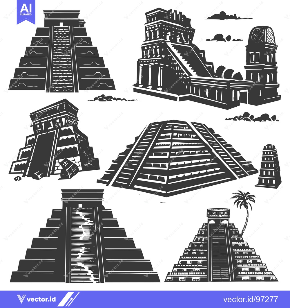 Premium Vector dari Silhouette Illustrations of Ancient Mayan Pyramids and Temples