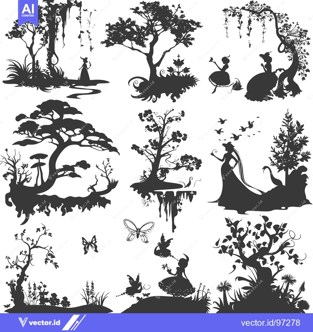 Premium Vector dari Silhouette Illustrations of Fairies, Trees, and Flowers