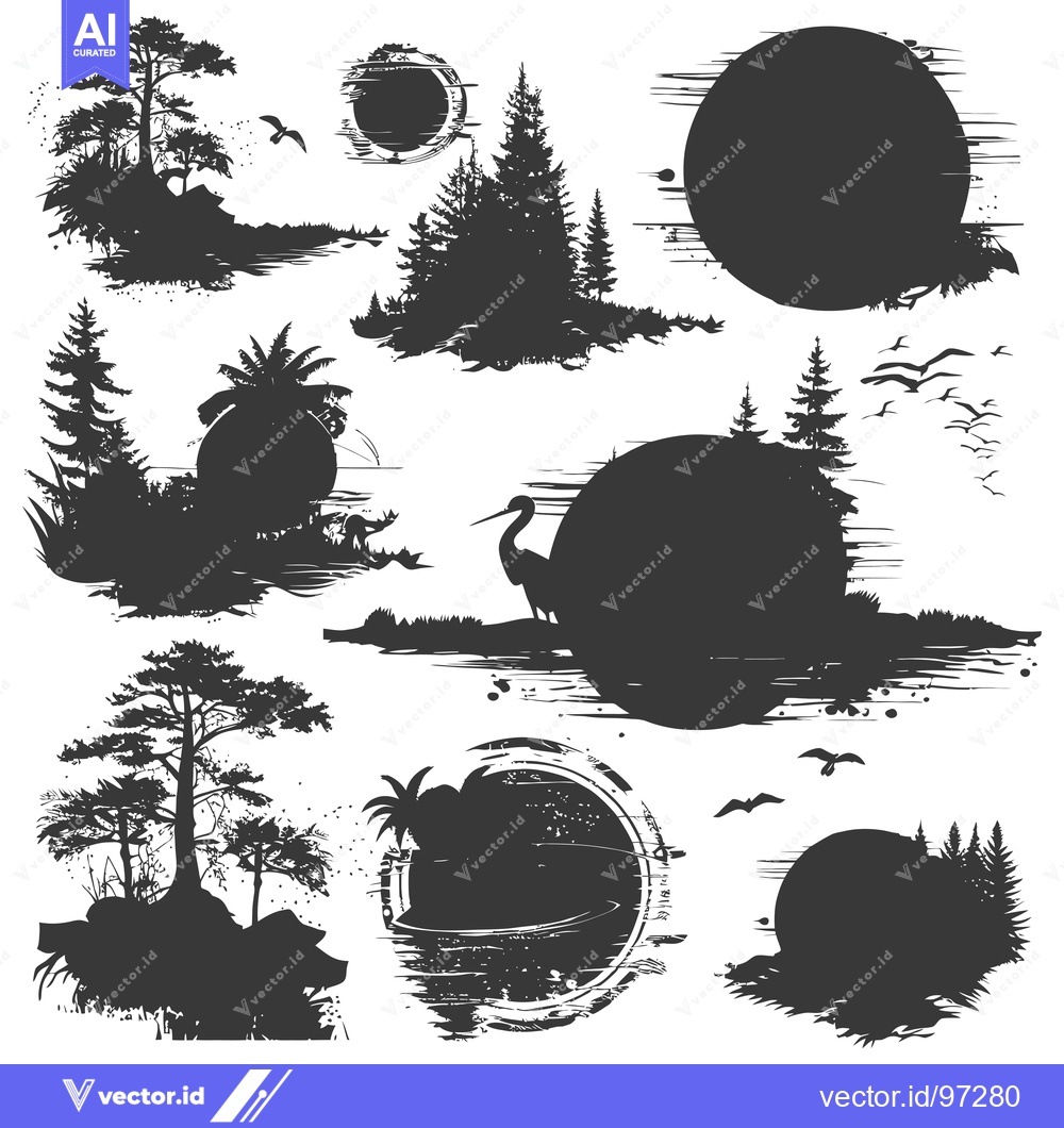Premium Vector dari Silhouette Illustrations of Trees, Birds, and Circles with Grunge Text