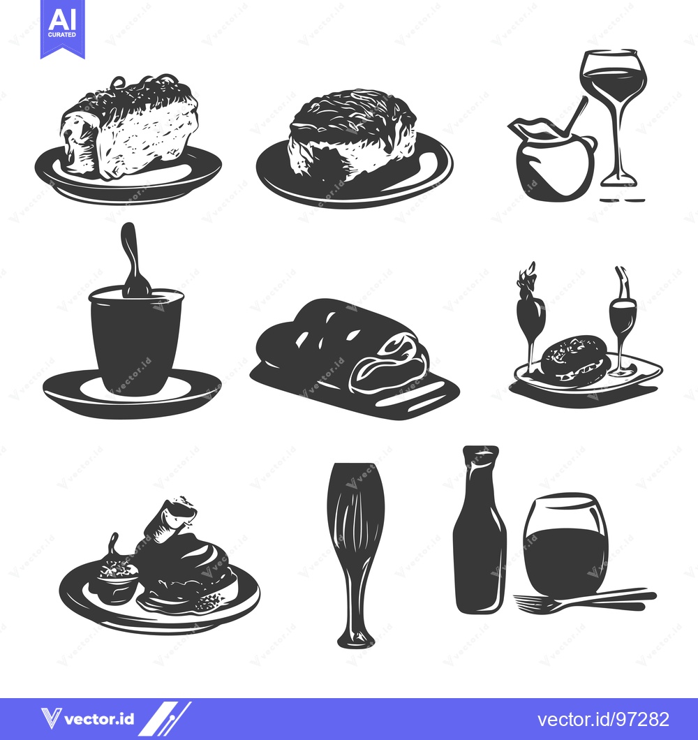 Premium Vector of Silhouette Illustrations of Various Foods and Drinks on Plates and Gla