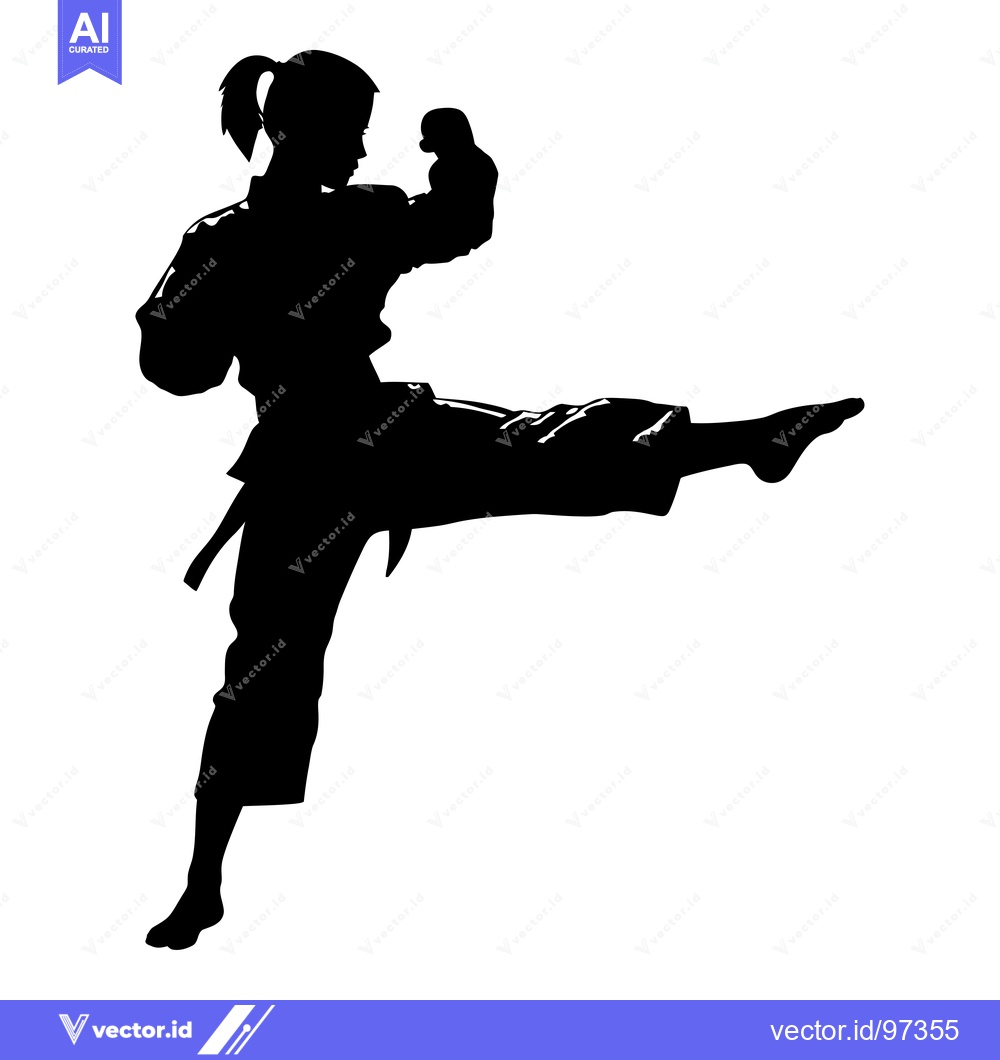 Premium Vector of Silhouette of a woman in a karate stance, kicking with her right leg