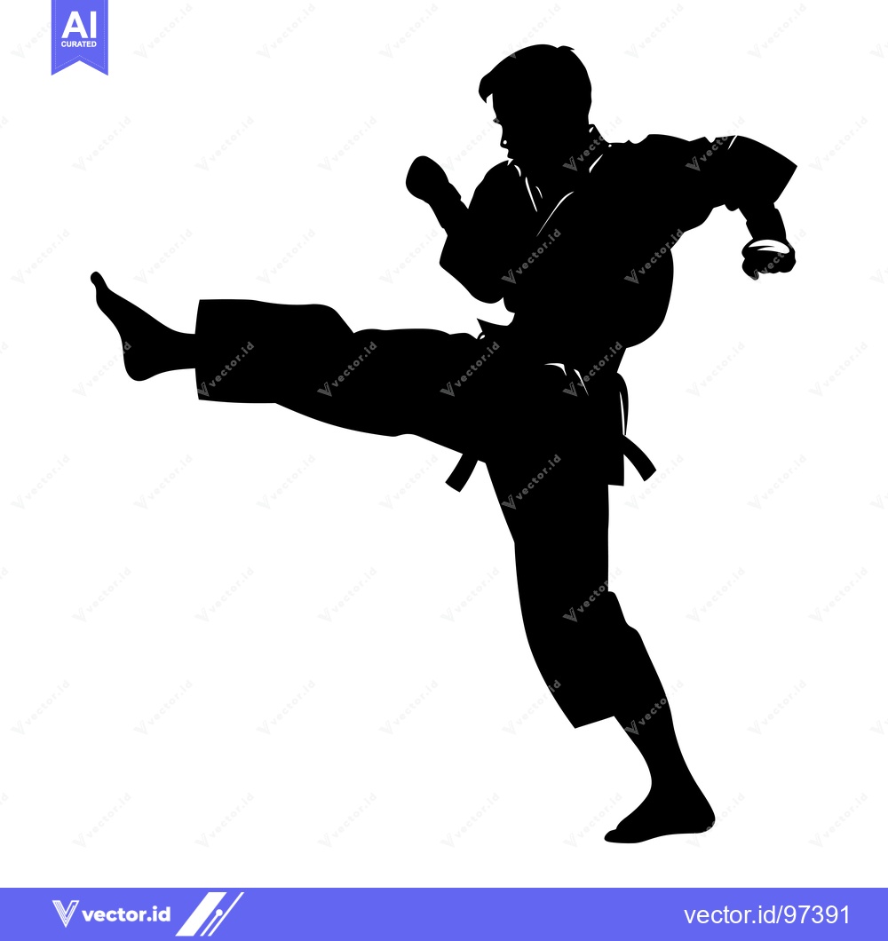 Premium Vector dari Silhouette of a karateka in mid-kick with a black belt