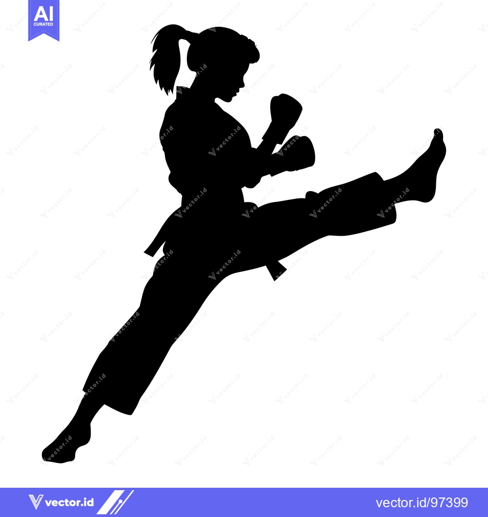 Premium Vector of Silhouette of a Woman in a Karate Pose with a Leg Extended