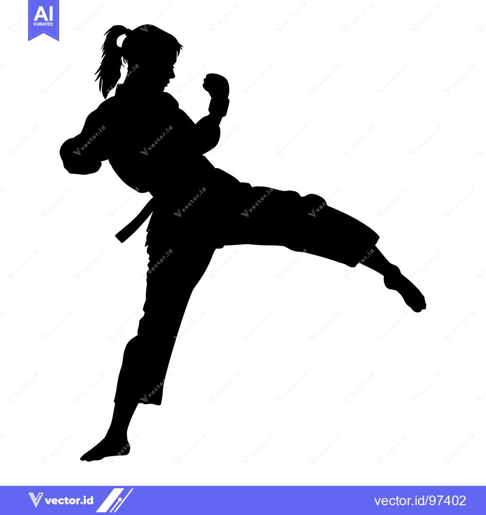 Premium Vector of Silhouette of a Woman in a Karate Pose with One Leg Extended