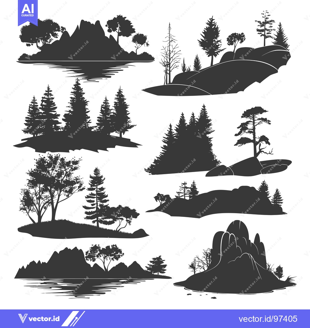 Premium Vector dari Silhouette Landscape with Mountains, Trees, and Water