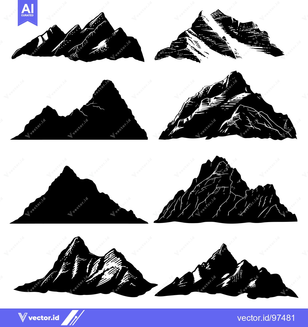 Premium Vector dari A Collection of Black and White Mountain Silhouettes