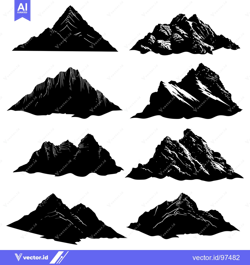 Premium Vector dari Eight Black and White Silhouettes of Mountains
